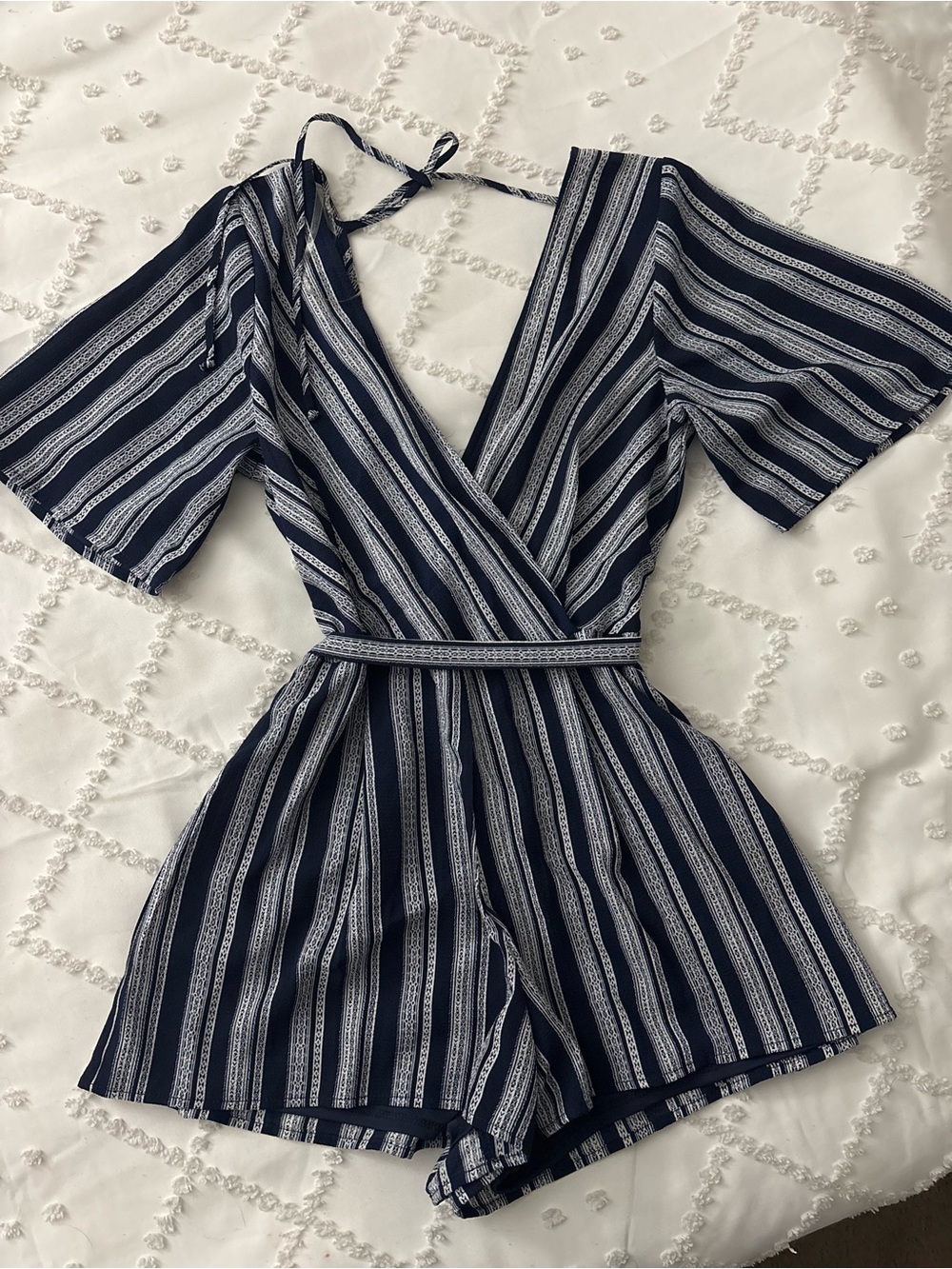 Trixxi Navy and White Striped Tie-Front Romper